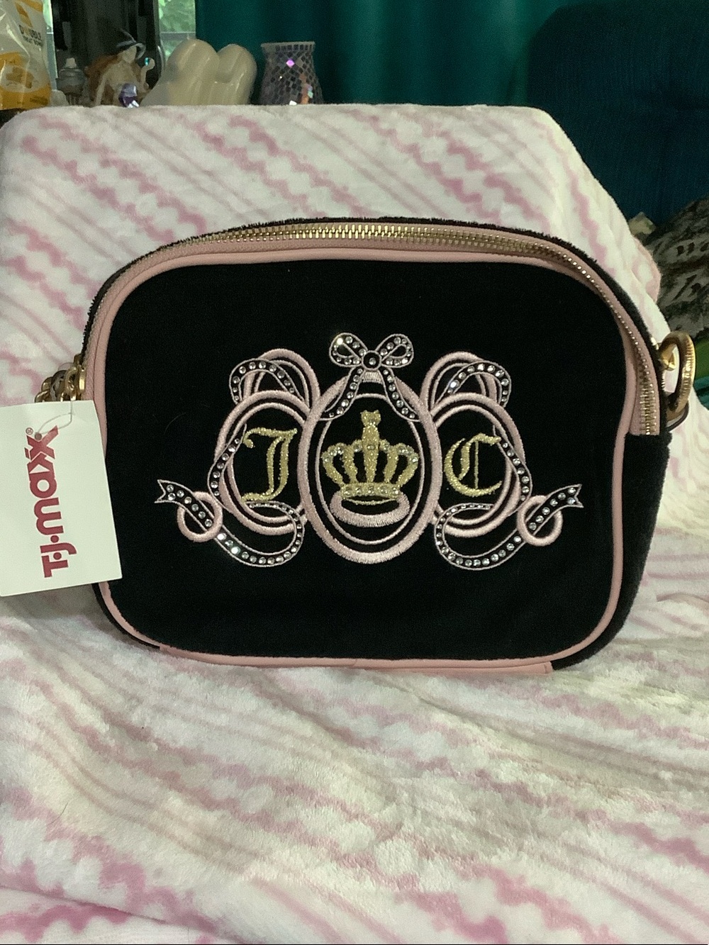Juicy Couture Black Velvet Crossbody with Pink Trim and Gold Crown Emblem